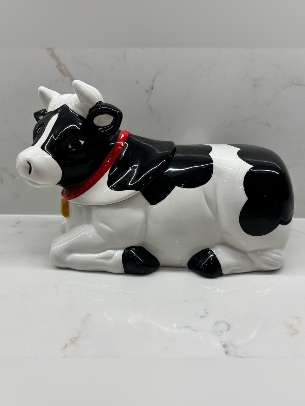 Vintage AMC NY Black & White Cow With Red Collar Yellow Bell Moo Cookie Jar